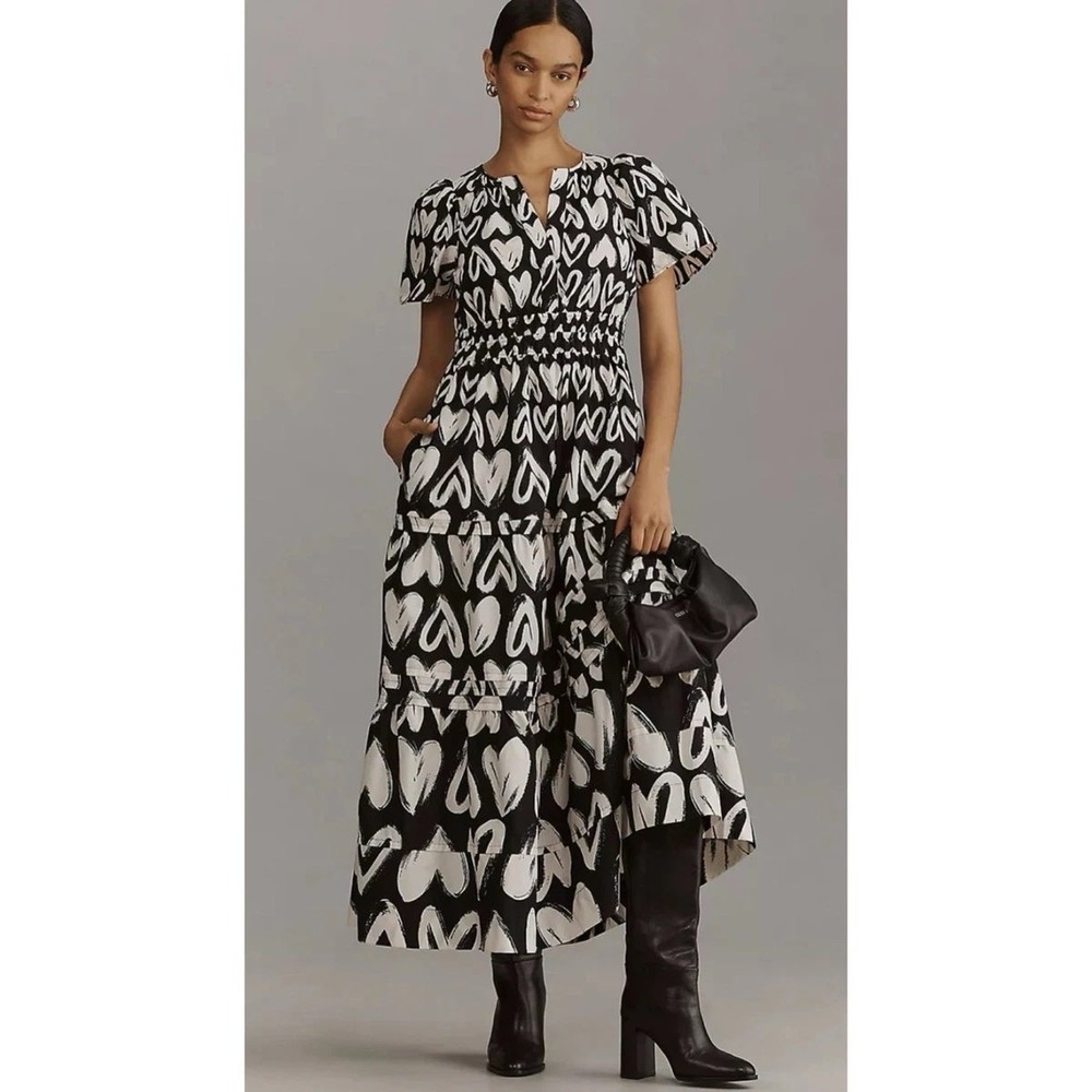 Anthropologie Somerset Maxi Dress Black White Heart Print Cotton Smocked Small
